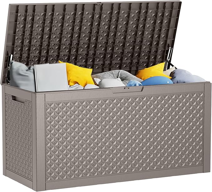 DRATO 110 Gallon Outdoor Storage Box Waterproof, Large Resin Lockable Outdoor Deck Box with Lid, Weatherproof Container for Patio Furniture Cushions, Garden Tools, Pool Accessories (Grey, 110 Gallon)