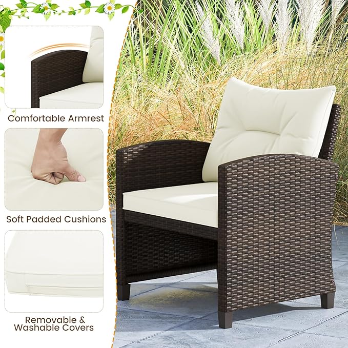 ORALNER 5 Pieces Patio Furniture Set with Ottoman, Wicker Conversation Set w/Cushions, Glass Coffee Table, Outdoor Rattan Lounger Chairs Bistro Set for Porch Balcony Garden Deck Poolside (Cream White)