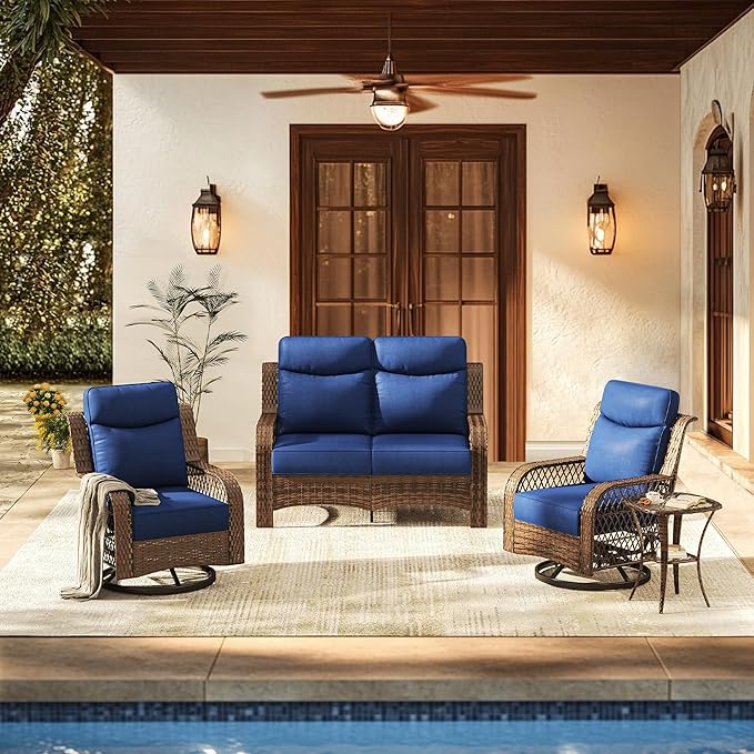 PIZZELLO 4 Pieces Patio Furniture Set w/ 5" Cushions and 25" Full Support Back, Outdoor Loveseat Couch, Swivel Rocker Patio Chairs and Side Table, Wicker Sectional Conversation Set for Backyard