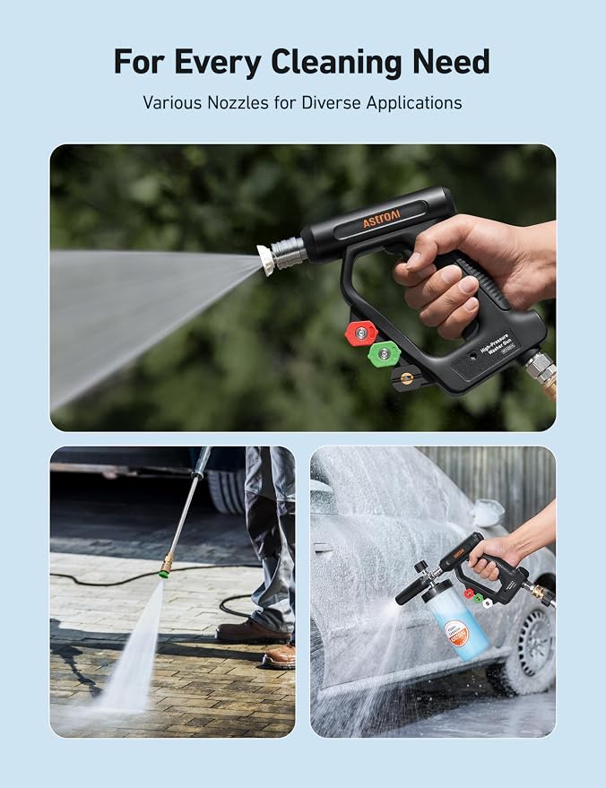 AstroAI Short Pressure Washer Gun with Swivel, Power Washer Gun with 3/8" Quick Connect Inlet & 1/4" Outlet, 4060 PSI, with 4 Nozzles, Ergonomic Comfort Grips, Compatible with Foam Cannon for Car Wash