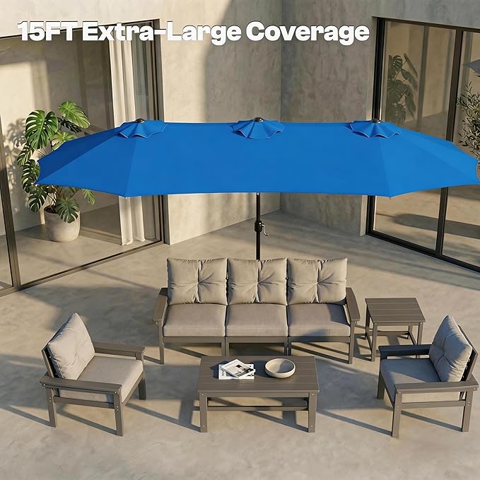 15FT Large Outdoor Patio Umbrella with Solar Lights and Base, Double-Sided Table Umbrellas with 48 LED Lights, Rectangle Market Umbrella for Pool, Deck, Backyard