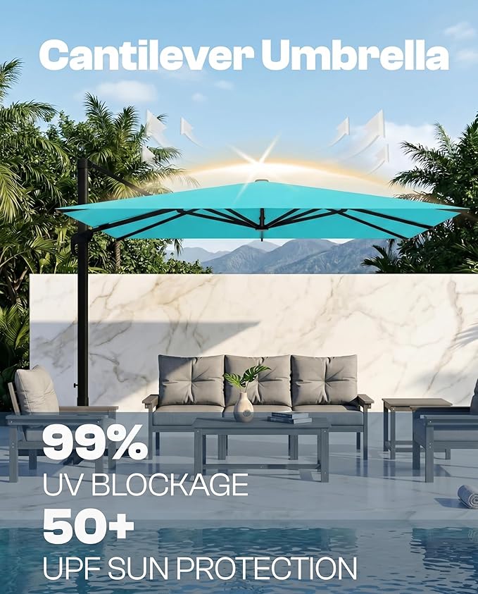 8' X 8' Patio Umbrella, Cantilever Umbrella with 360°Rotation, Offset Patio Umbrella with Easy Tilt & Fade Resistance for Pool Deck Garden Backyard, Peacock Blue (Base not Included)