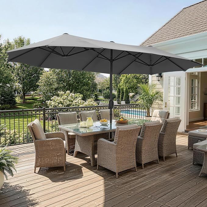 13 ft Patio Umbrella, Large Rectangle Outdoor Umbrella with Strap, Crank, Grey
