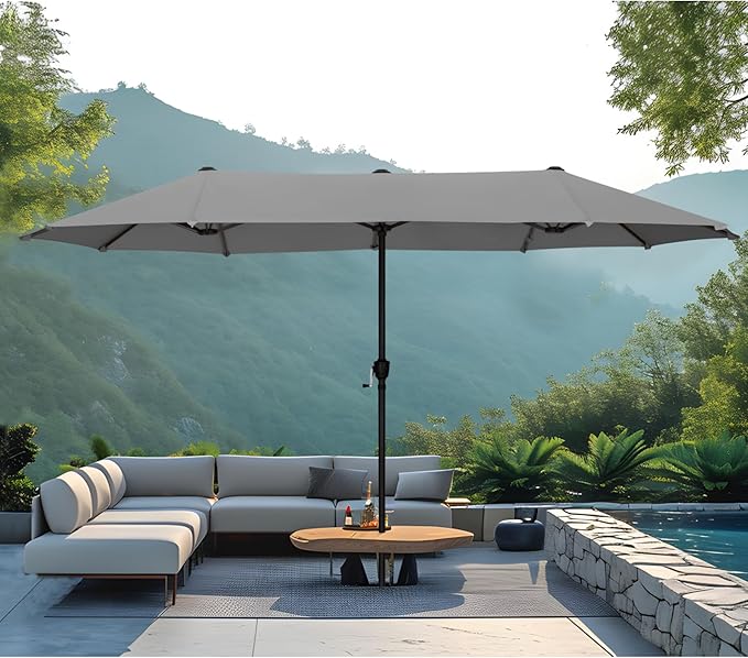 MFSTUDIO 13ft Outdoor Patio Umbrella, Double Sided Large Rectangular Umbrella Market Table Twin Triple Rectangle Umbrellas with Crank Handle for Outside Picnic Backyard Deck Pool (no base)