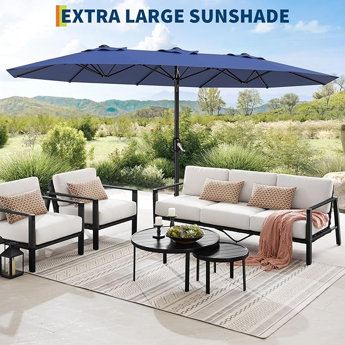 TrailBlaze 15ft Large Patio Umbrella with Base, Outdoor Rectangle Umbrella Double-Sided Market Umbrella with Crank Handle UV Protection Table Umbrellas for Backyard, Deck, Poolside and Garden