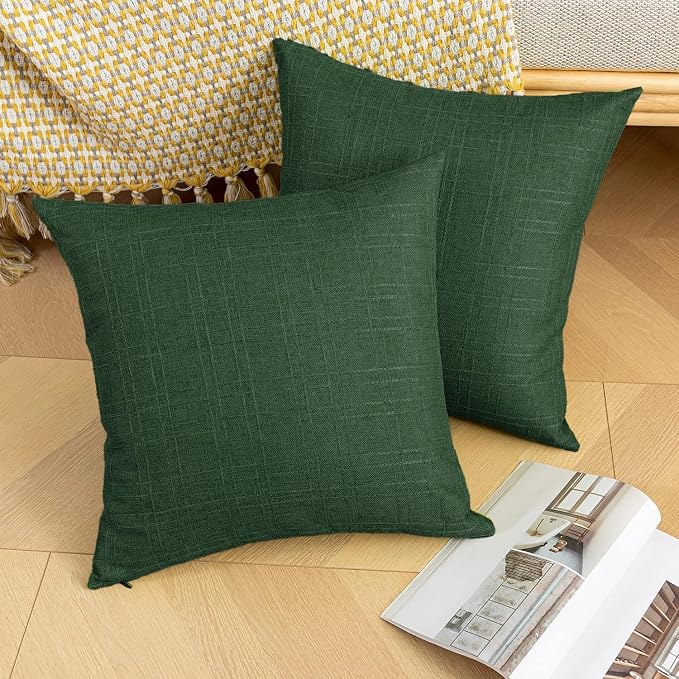 Kevin Textile Outdoor Waterproof 18”x18” Pillow Covers 2 Pack, Army Green | Water Resistant, Soft Faux Linen-cotton Yarn-dyed Woven Texture Throw Pillow Covers for Tent Patio Garden Couch Sofa