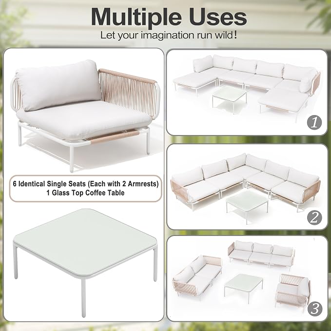 7-Piece Modern Outdoor Sectional Sofa with Coffee Table - 31" Deep Seating Patio Conversation Set, Weather-Resistant Low-Profile 11" Seat Height Lounge Seats for Deck, Porch & Backyard, Beige