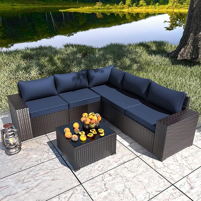 8 PCS Outdoor Patio Furniture Set,Outdoor Sectional Furniture All Weather PE Rattan Wicker Patio Conversation Set with 2 Ottomans and Coffee Table,Navy Blue