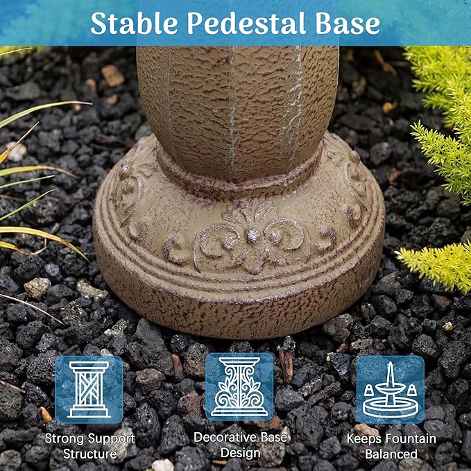 Redlife 37" Tall Outdoor Waterfall Fountain, 2-Tier Classic Pedestal Garden Water Feature with Pinecone Finial, Stone-Look Waterproof Resin Fountain for Patio, Yard, Lawn Decor, Stone Brown