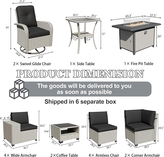 16-Piece Outdoor Patio Furniture Set, Modular Sectional Sofa Set with Swivel Rocker Chairs & Fire Pit, Wicker Outdoor Couch Conversation Sets w/Coffee Table and Cushions, Black