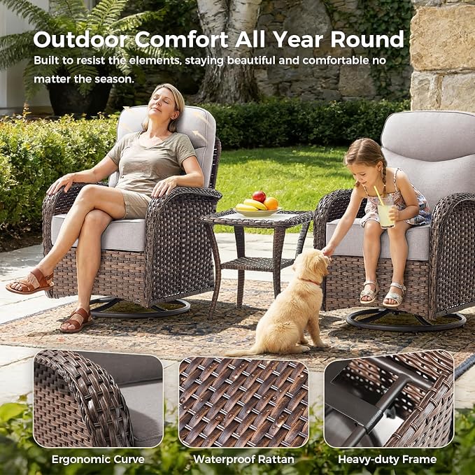 Luxury Patio Furniture Set with Fire Pit Table, Outdoor Furniture Set with High Back Swivel Chairs & 6-inch Thick Cushions, 8 PCS Fire Pit Patio Set for Yard, Deck, Poolside, Brown/Beige