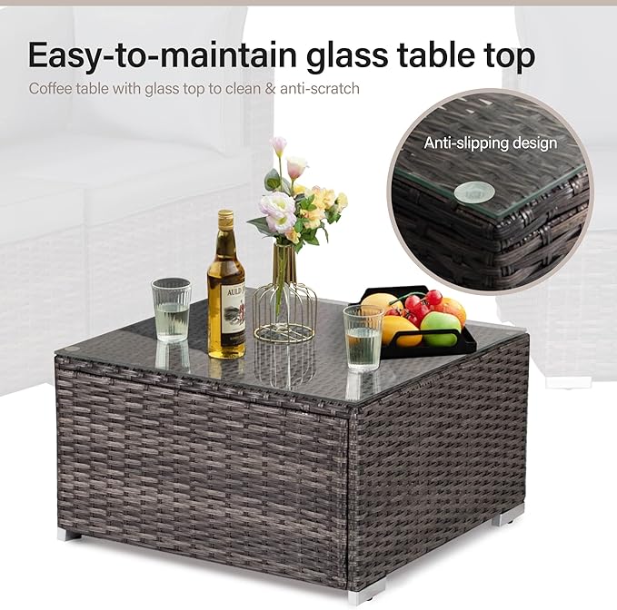 LAUSAINT HOME Outdoor Patio Furniture, 7 Pieces Outdoor Sectional PE Rattan Wicker Patio Furniture Sets, All Weather Garden Conversation Seat with Cushion and Glass Coffee Side Table (Grey)