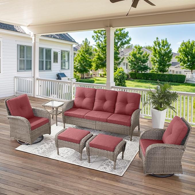 Belord 6 Pieces Wicker Patio Furniture Set - Swivel Rocker Outdoor Chairs with Outdoor Couch and Side Table, All-Weather Patio Conversation Set for Sunroom Backyard Deck
