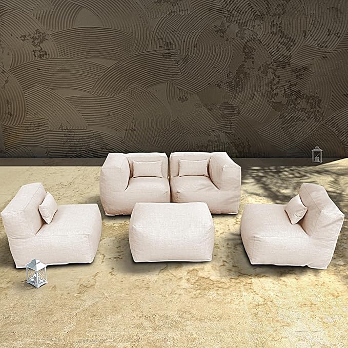 Patio Furniture Set Bean Bag Chairs Calaluna 5PC Outdoor Chairs Sectional Conversation Patio Set Daybed Furniture Outdoor Sofa Couch High Density Foam Filling Modern Comfy Patio Couch (Light Beige)