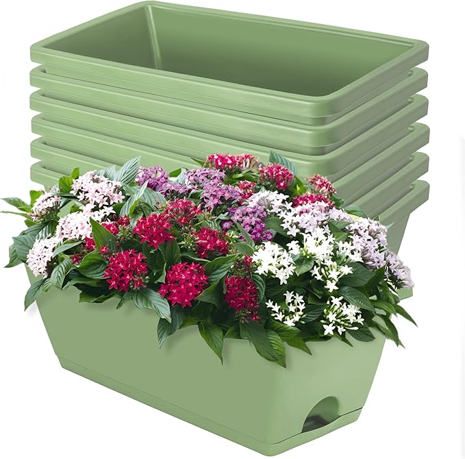 LOCONHA Window Box Planter, 7 Pack Plastic Vegetable Flower Planters Boxes 17 Inches Rectangular Flower Pots with Saucers for Indoor Outdoor Garden, Patio, Home Decor