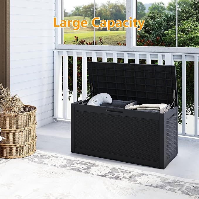 100 Gallon Deck Boxes Outdoor Waterproof, Outdoor Storage Box with Lockable Lid & UV-Resistant for Patio Furniture, Outdoor Cushions, Garden Tools and Pool Supplies, Black