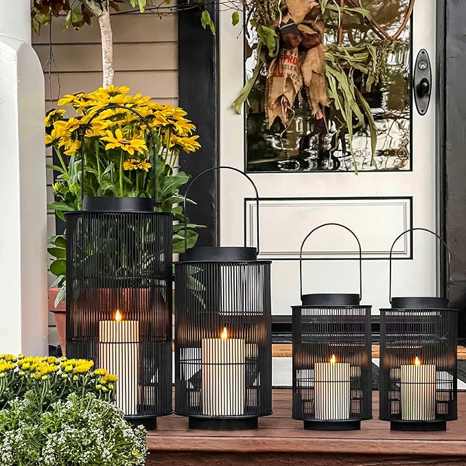 LampLust Outdoor Lanterns Decorative Spring Patio Decor, 16 Inch Black Metal Candle Lanterns, Battery Operated LED with Timer, Front Porch, Spring Outdoor Decorations, Modern Farmhouse Decor