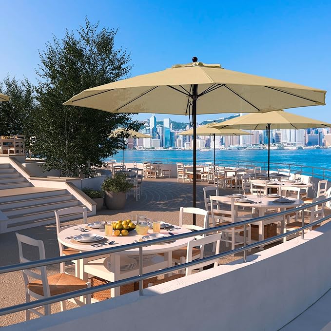 California Umbrella 11Ft Commercial Grade Sunbrella Fabric Market Umbrella, Pulley Lift, Aluminum/Fiberglass, 2mm pole wall, Bronze Frame, Beige Fabric