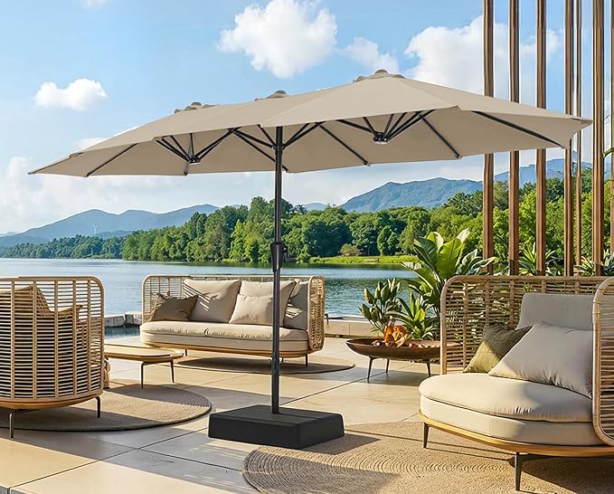 SUPERJARE 13FT Outdoor Patio Umbrella with Base Included, Double Sided Pool Umbrellas with Fade Resistant Canopy, Large Table Umbrella for Deck, Market, Backyard - Warm Beige