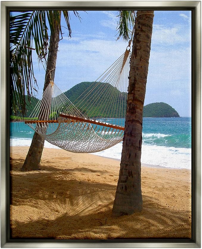 Stupell Industries Hammock on Palm Trees Gray Framed Floater Canvas Wall Art Design by Noah Bay