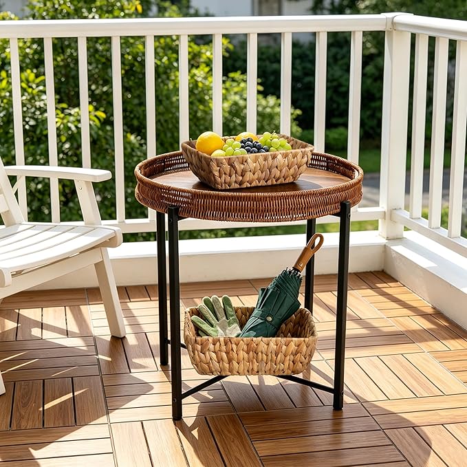 19in Round Rattan Side Table with Wooden Tray，Small Round Wicker Wooden End Table，Rattan End Table for Indoor Use, Living Room, Bedroom, Office, Balcony-Brown