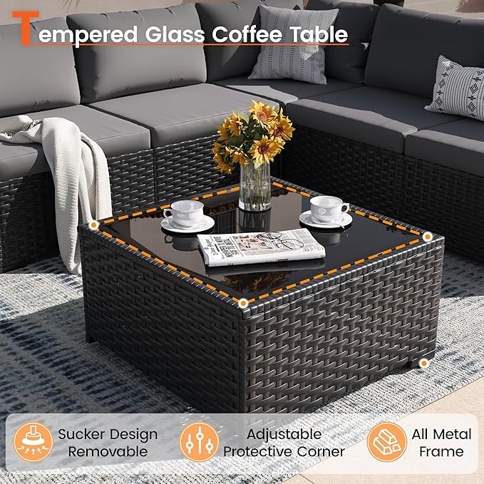Patio Furniture Set, 7-Piece Outdoor Sectional All-Weather Wicker Patio Conversation Set for Backyard, Garden, Grey