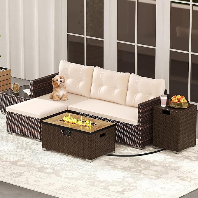 Tangkula 5 Pieces Patio Furniture Set with 32” Fire Pit Table and Propane Tank Cover, Outdoor Wicker Cushioned Sectional for Deck, Backyard, Fire Pit Protective Cover Included (Beige)