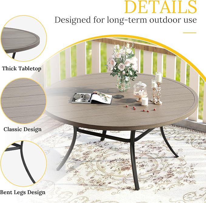 VICLLAX 63" Outdoor Round Patio Table with Umbrella Hole, All Weather Metal Round Outdoor Dining Table for Lawn Garden, 8-10 Person Table, Grey Wood Grain