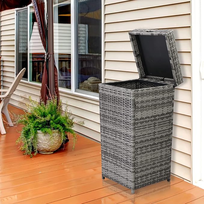 Rattan Deck Storage Box,Rattan Pool Storage Box with Lid & Top Cover Iron Frame, Garden Deck Bin Storage Bench Deck Box for Garden, Backyard, Pool (Grey)
