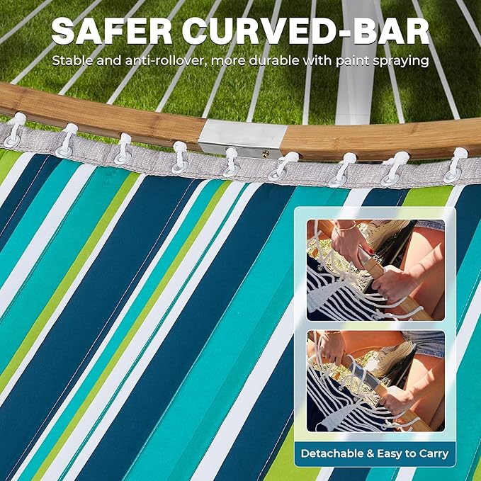 SUPERJARE Curved-Bar Hammock with Stand, 2 Person Heavy Duty Hammock Frame, Detachable Pillow & Portable Carrying Bag, Perfect for Outdoor & Indoor, Blue-Green Stripe