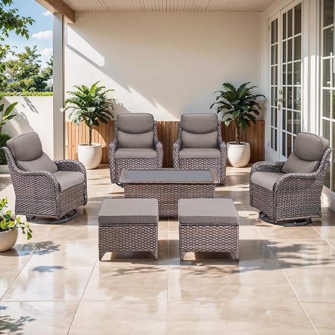 Outdoor Swivel Rocker Patio Chairs Set of 4 with Ottoman Coffee Table - 5" Thick Cushion 7 Piece Furniture Set All Weather Comfortable Wicker Conversation Set for Porch Deck - Brown/Gray