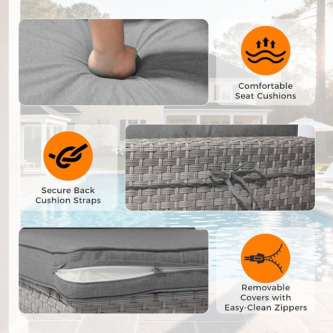 6-Seat Modular Patio Furniture Set – Outdoor Wicker Sectional Sofa with Thick 4″ Cushions, Dual-Strand PE Rattan, Rust-Resistant 18 mm Steel Frame, Backyard Garden Deck Lounge,Gray