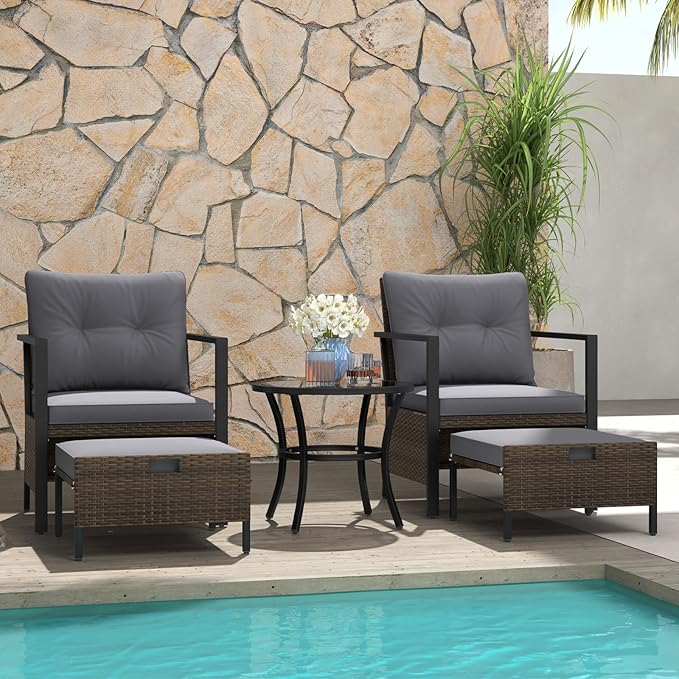 Tangkula 5 Piece Outdoor Furniture Set, Rattan Chairs & Ottomans w/Round Glass Topped Coffee Table, Space Saving Cushioned Patio Conversation Set for Backyard, Poolside (Gray)