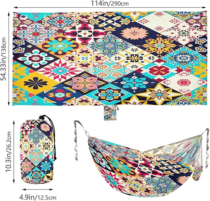 Qilmy Colorful Geometric Pattern Camping Hammock Single – 330 lbs Capacity, Lightweight with Tree Straps & Carabiners, Portable for Hiking, Travel, Backpacking