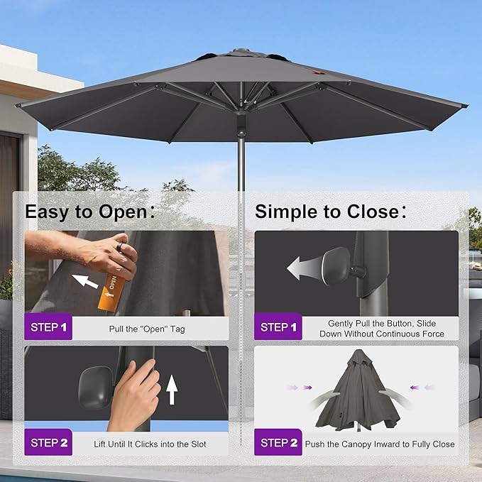 PURPLE LEAF 10 FT LED Round Patio Umbrella with Solar Lights Heavy Duty Windproof Semi Auto for Outdoor Dining Rooftop Bar Wedding Venue Resort Event Hotel Restaurant Night Business Commercial Use Grey