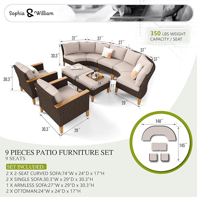 Sophia & William Outdoor Wicker Sectional Sofa Set, Half Moon Curved Patio Furniture Set with Ottman, High Back Rattan Patio Conversation Set for Outside, Deck, Garden(Beige, 9 Piece)