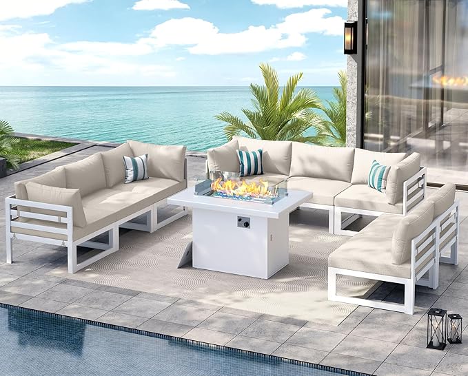 NICESOUL 9 Piece L-Shaped Contemporary Aluminum Outdoor Furniture Set with Firepit, 29" Deep Wide Large Couch Set, 500 lbs High Weight Capacity Modular Patio Sectional Sofa for Garden Terrace, Beige
