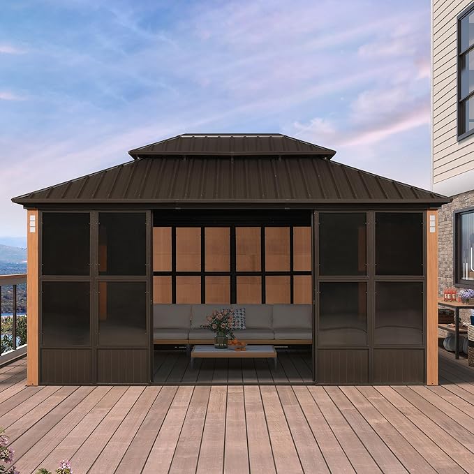 PURPLE LEAF 12' X 16' Outdoor Hardtop Gazebo with Solarium Galvanized Metal Roofs Patio Wood Grain Aluminum Frame with Screens and Doors for Hot Tub Garden Bronze