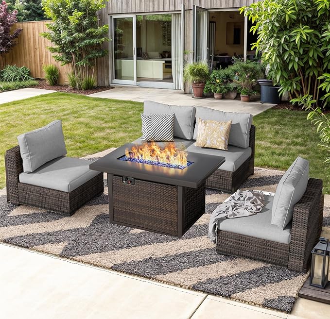 Outdoor Sectional Furniture, 5 Piece Patio Furniture Set with 42-inch Fire Wicker Propane Fire Pit Table - All Weather Wicker Rattan Couch Sofa Conversation Set for Backyard Lawn Poolside Deck, Grey