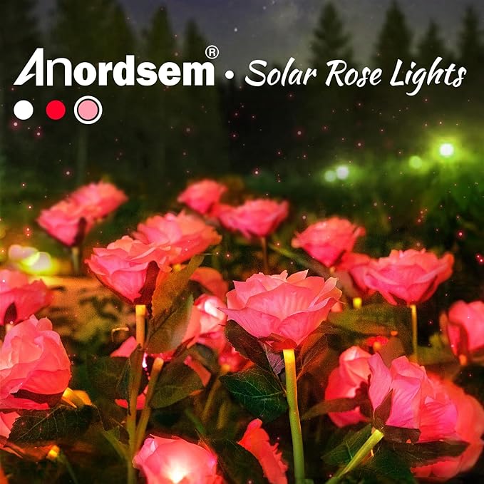 Anordsem Solar Garden Lights Outdoor: 10 Artificial Fabric Pink Roses Flowers 2 Pack- LED Flower Decorations for Cemetery Grave Pathway Yard- Mothers Day Gifts for Women, Wife and Mother