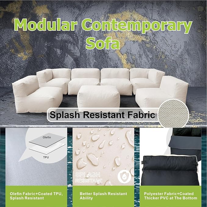Patio Furniture Set Bean Bag Outdoor Chairs Sectional Conversation Patio Set Daybed Furniture Outdoor Sofa Couch High Density Foam Filling Modern Comfy Patio Couch (Light Beige), A01-7G