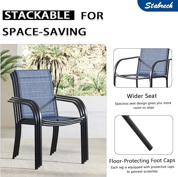 9 Pieces Patio Dining Set for 8, Blue Patio Stackable Chairs and Black Round Table Set of 8, Outdoor Furniture Set with Sling Support for Outside, Garden