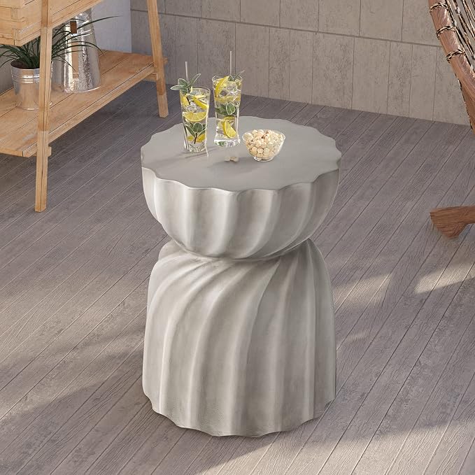 HOMPUS Unique Outdoor Concrete Side Table Set of 2, Garden Stool, 2 Piece Round Patio MgO End Table, Lightweight Small Accent Table for Indoor Outdoor Use, Patio, Garden, Backyard, Natural Grey