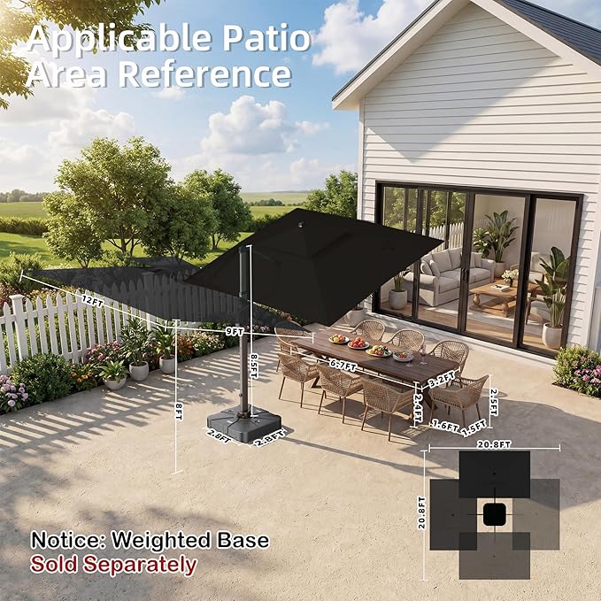Deconk 9' X 12' Patio Umbrella with LED Lights Outdoor Cantilever Large Rectangle Offset Umbrellas Heavy Duty Aluminum Double Top with 360-degree Rotation for Pool Garden Deck, Black