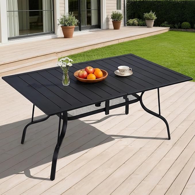 63"x38" Outdoor Dining Table for 6 Person, Metal Rectangle Patio Dining Table with Adjustable Umbrella Hole for Garden, Partitioned Storage Shelf, Backyard and Porch, Black