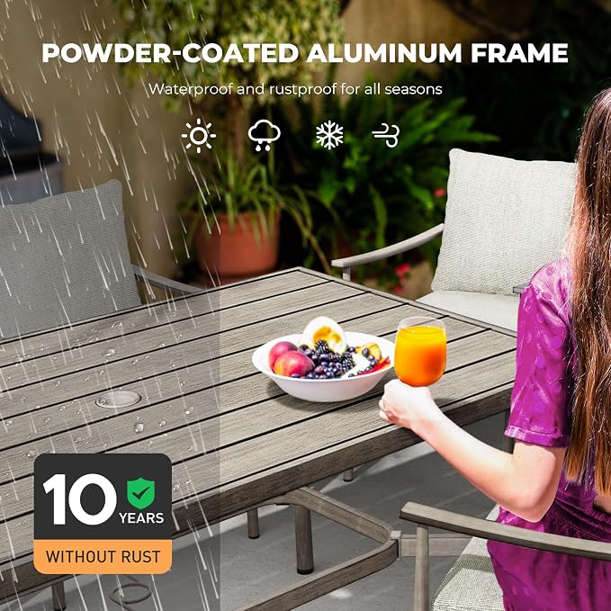 HAPPATIO 7-Piece Outdoor Dining Set for 6, Aluminum Patio Dining Set Includes 4 Dining Chairs, 2 Swivel Dining Chairs, and 1 Large Rectangular Table with Umbrella Hole, for Lawn Porch Backyard, Grey