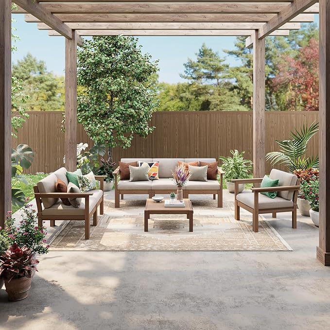Stoog Modular Patio Furniture Set, 8-Piece All-Weather Convertible L-Shape Outdoor Sectional - Waterproof HIPS Frame with Quick-Dry Olefin Cushions, Teak
