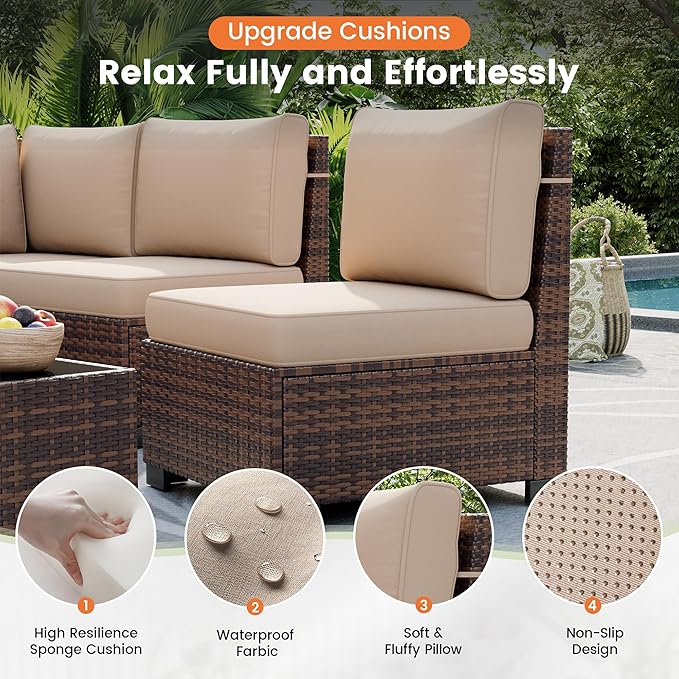 UDPATIO Patio Furniture Set, 8 Inch Armrest Patio Sectional Furniture, 6 Piece Wicker Outdoor Sectional Conversation Sets with Waterproof Cover and Coffee Table for Backyard Deck(Brown/Khaki)