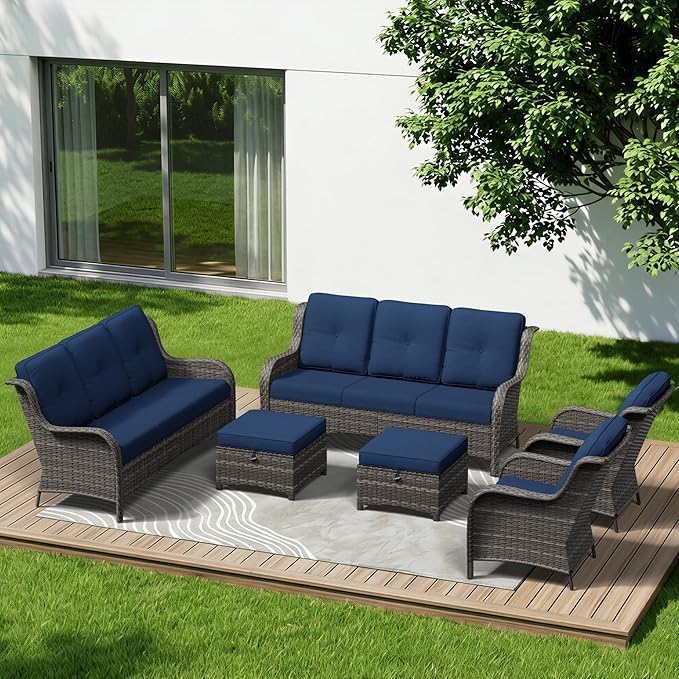 6 Piece Outdoor Wicker Patio Furniture Set, Patio Chairs Set with Thickened Olefin Cushions, High Back and Deep Seating, Hand-Woven PE Rattan, Ottoman for Porch, Deck
