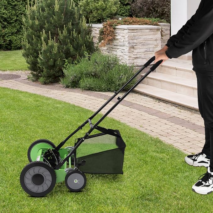 Push Reel Lawn Mower 20 inch, 5 Blades Manual Push Mower with Grass Catcher Bag, 1.33-2.51 in Adjustable Cutting Height for Small Medium Lawns, Yards, Driveways